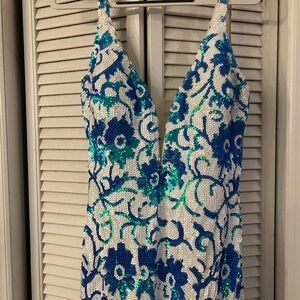 Jovani Sequin Floral Prom Dress in Blue and Green